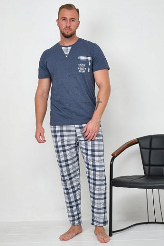 Пижама мужская Олимп кор.рукав св.серый/клетка
