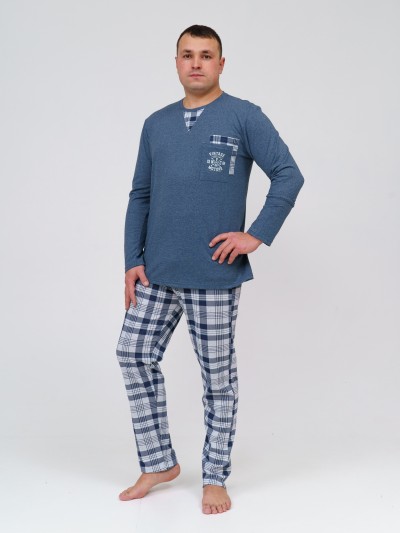 Пижама мужская Олимп дл.рукав св.серый/клетка