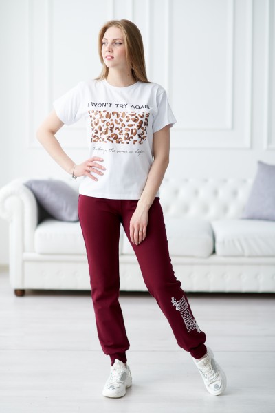 Брюки женские с печатью-2 манжет бордо