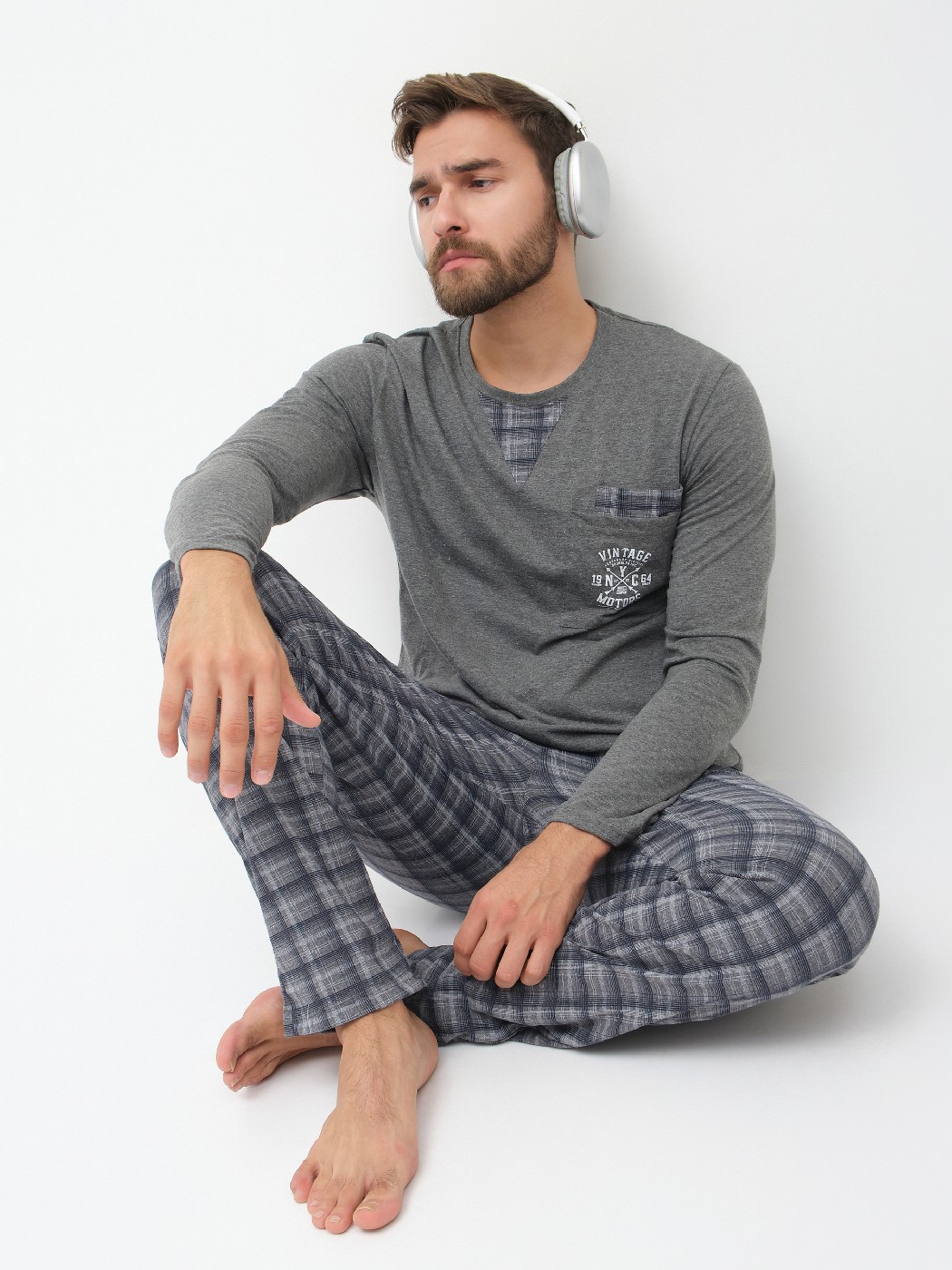 Пижама мужская Олимп дл.рукав серо-синий/клетка