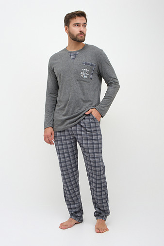 Пижама мужская Олимп дл.рукав серо-синий/клетка