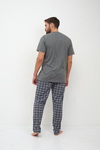 Пижама мужская Олимп кор.рукав серо-синий/клетка