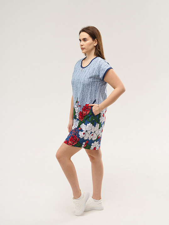 Туника Дарина голубой/цветы