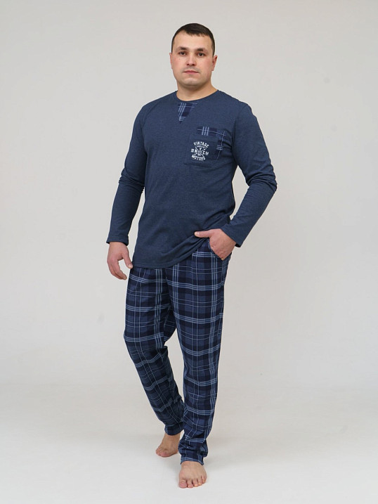 Пижама мужская Олимп дл.рукав индиго/клетка