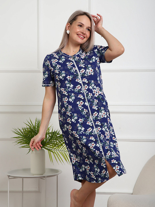 Халат Лотос набивка синий/сакура