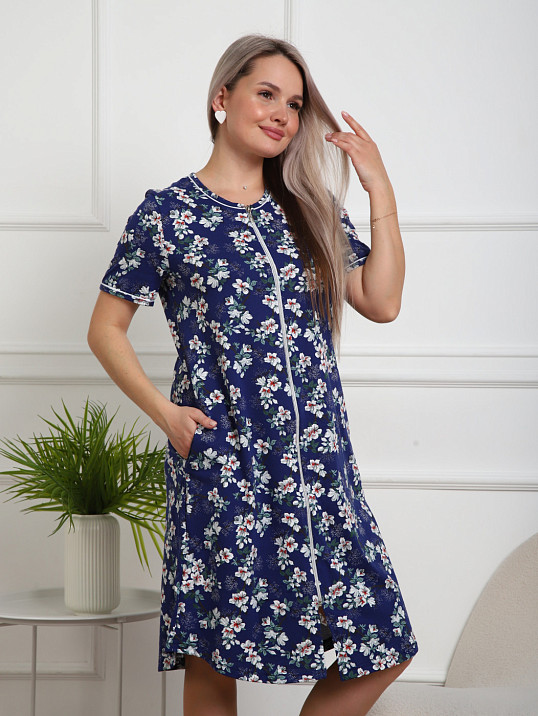 Халат Лотос набивка синий/сакура