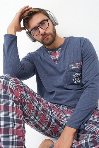 Пижама мужская Олимп дл.рукав бордо/клетка