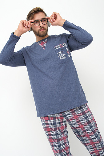 Пижама мужская Олимп дл.рукав бордо/клетка