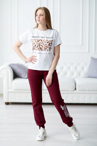 Брюки женские с печатью-2 манжет бордо