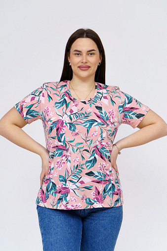 Футболка женская с карманами персик/тропики