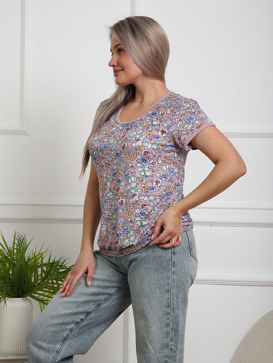Футболка Фонарик вискоза брусника/цветы