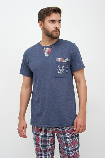 Пижама мужская Олимп кор.рукав бордо/клетка