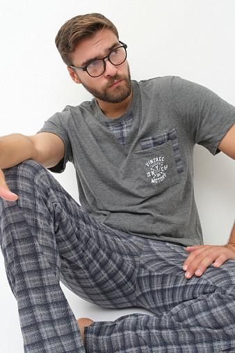 Пижама мужская Олимп кор.рукав серо-синий/клетка