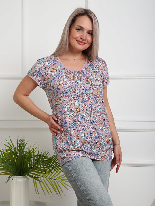 Футболка Фонарик вискоза брусника/цветы