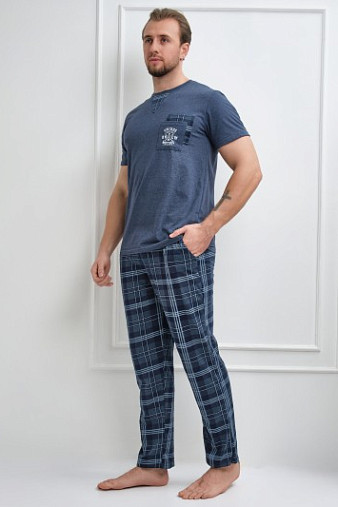 Пижама мужская Олимп кор.рукав индиго/клетка