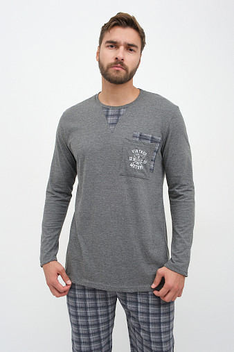 Пижама мужская Олимп дл.рукав серо-синий/клетка