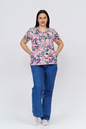 Футболка женская с карманами персик/тропики