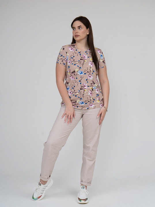 Футболка Карнавал вискоза беж/цветы