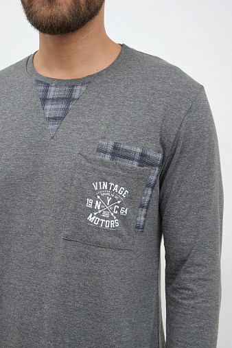 Пижама мужская Олимп дл.рукав серо-синий/клетка