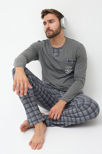 Пижама мужская Олимп дл.рукав серо-синий/клетка
