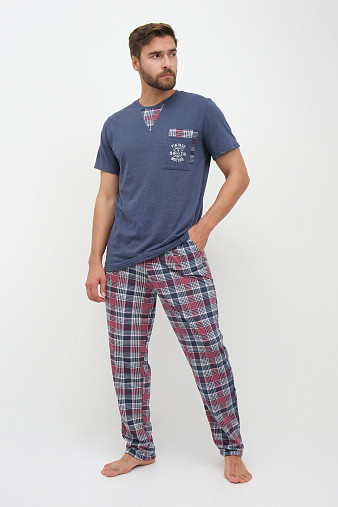 Пижама мужская Олимп кор.рукав бордо/клетка