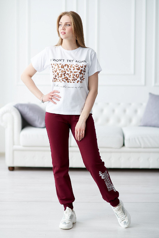 Брюки женские с печатью-2 манжет бордо
