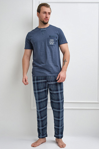 Пижама мужская Олимп кор.рукав индиго/клетка