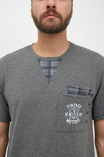 Пижама мужская Олимп кор.рукав серо-синий/клетка