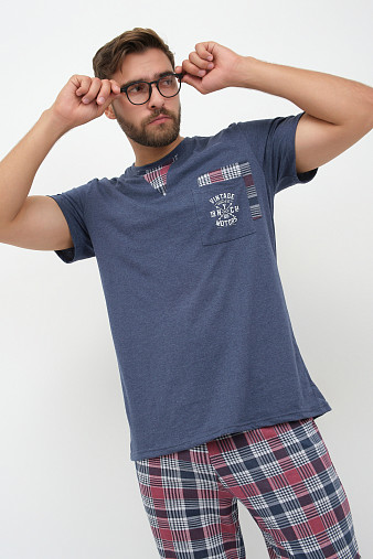 Пижама мужская Олимп кор.рукав бордо/клетка