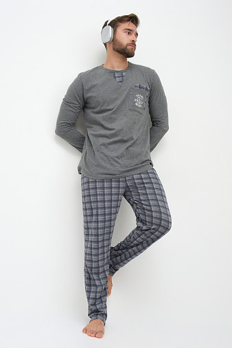 Пижама мужская Олимп дл.рукав серо-синий/клетка